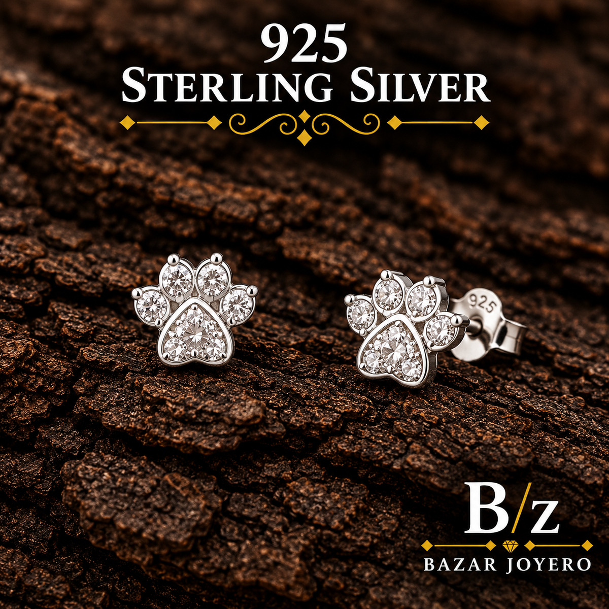 925 sterling silver CZ paw print stud earrings, detailed product view.