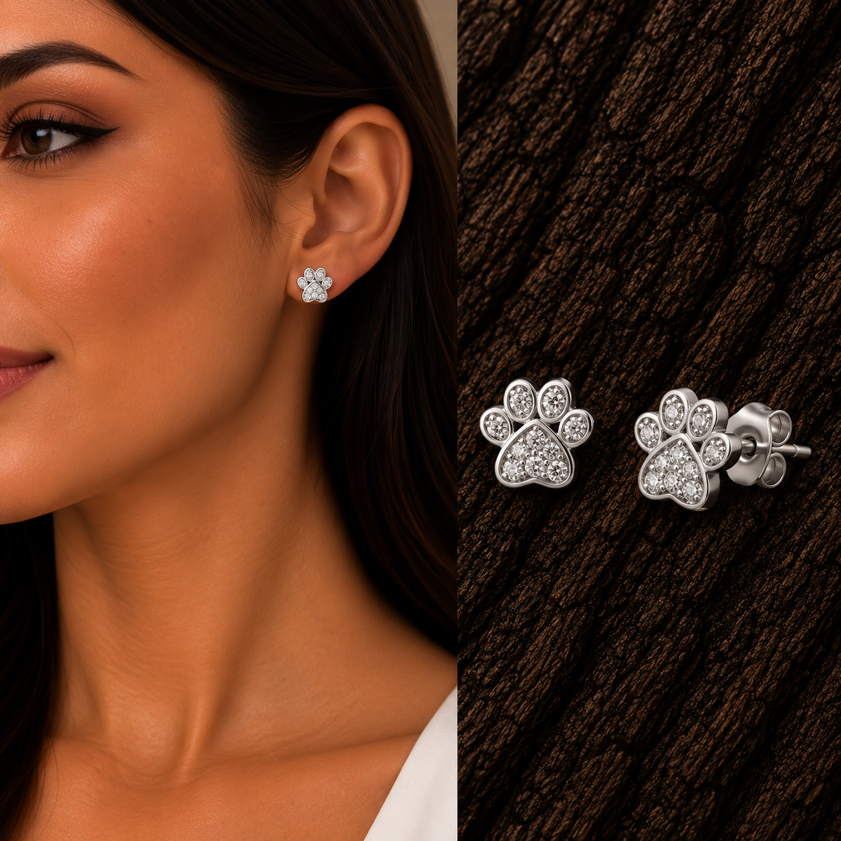 925 sterling silver paw print earrings shown on model with detailed product views.