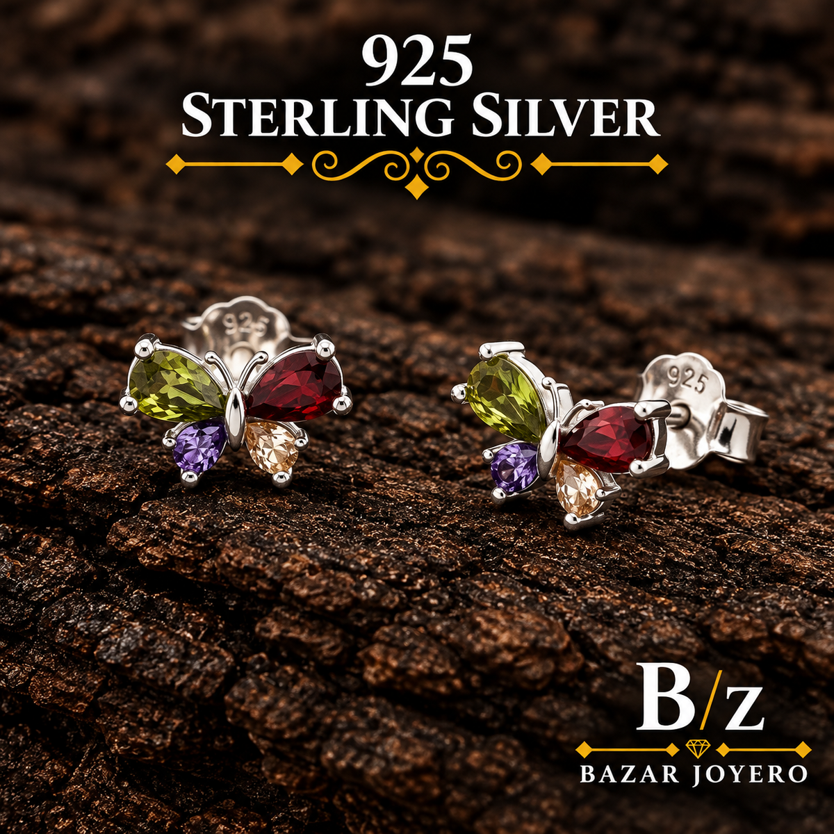 925 sterling silver multicolor butterfly stud earrings, detailed product view.
