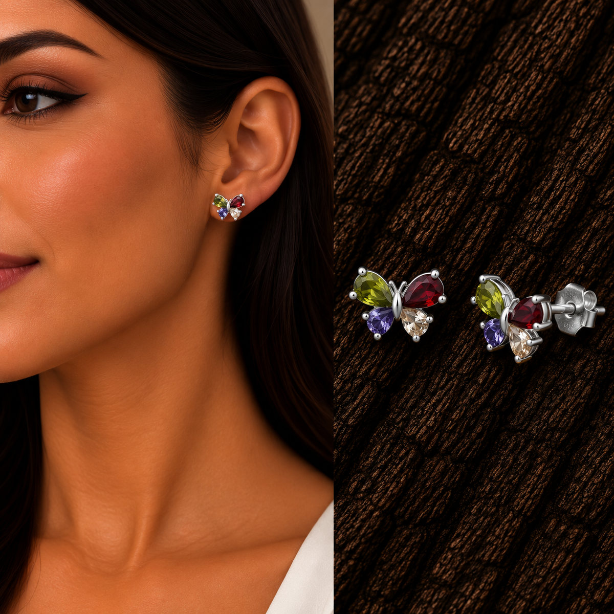 925 sterling silver multicolor butterfly earrings shown on model with detailed product views.