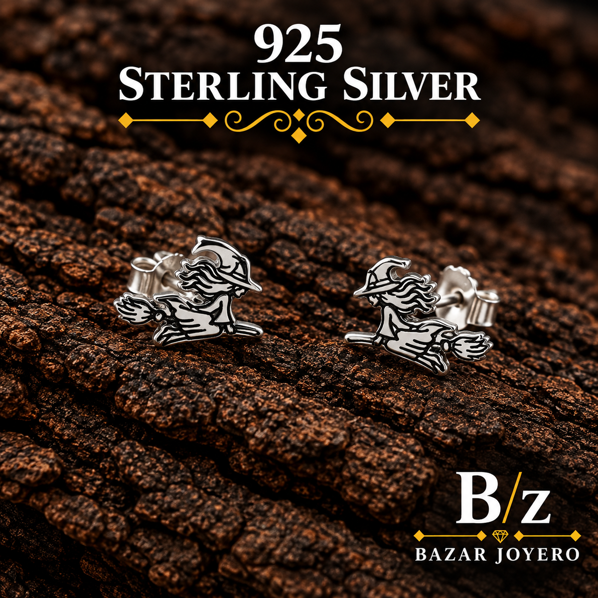 925 sterling silver witch on broom stud earrings, detailed Halloween jewelry product view.
