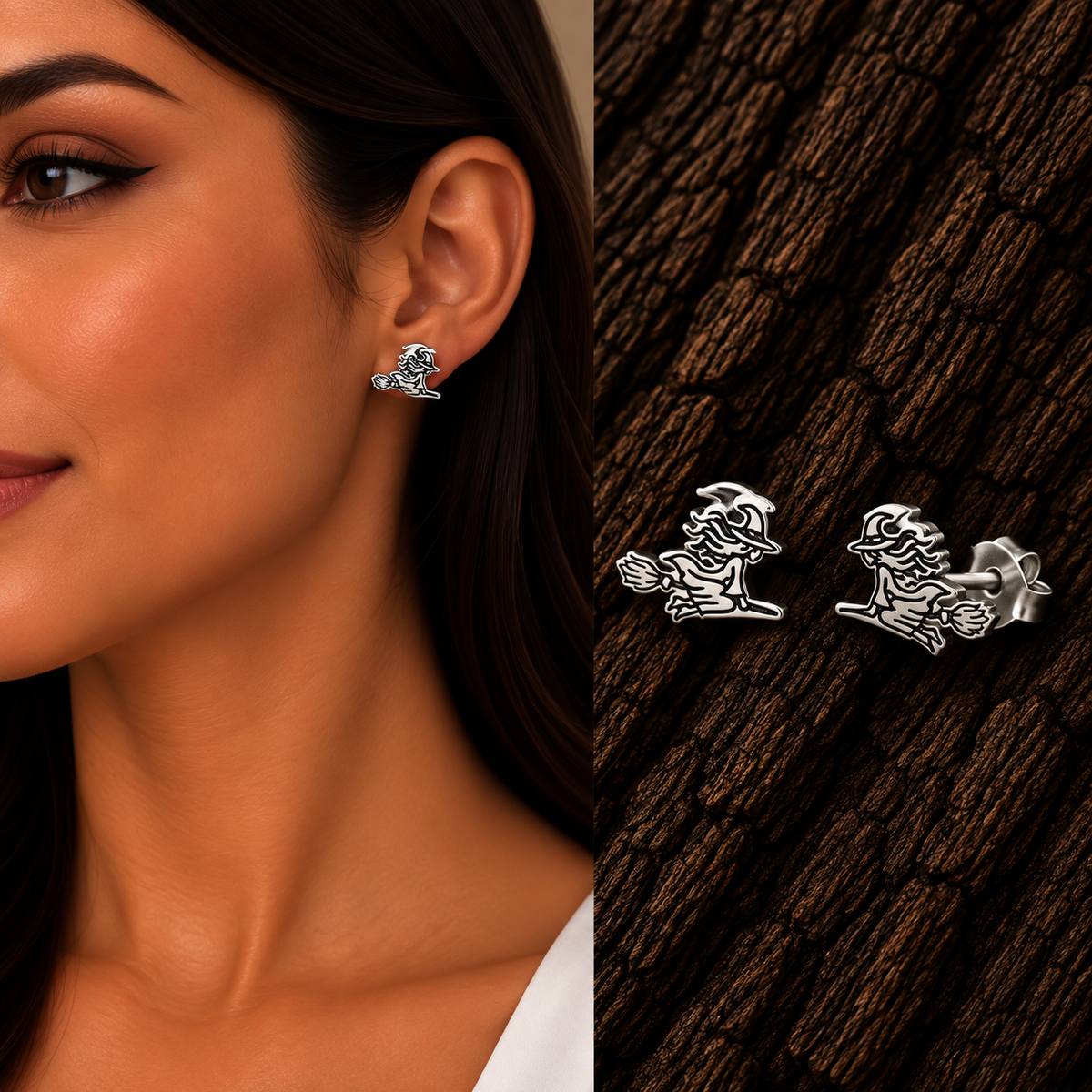 925 sterling silver witch earrings shown on model with detailed product views.