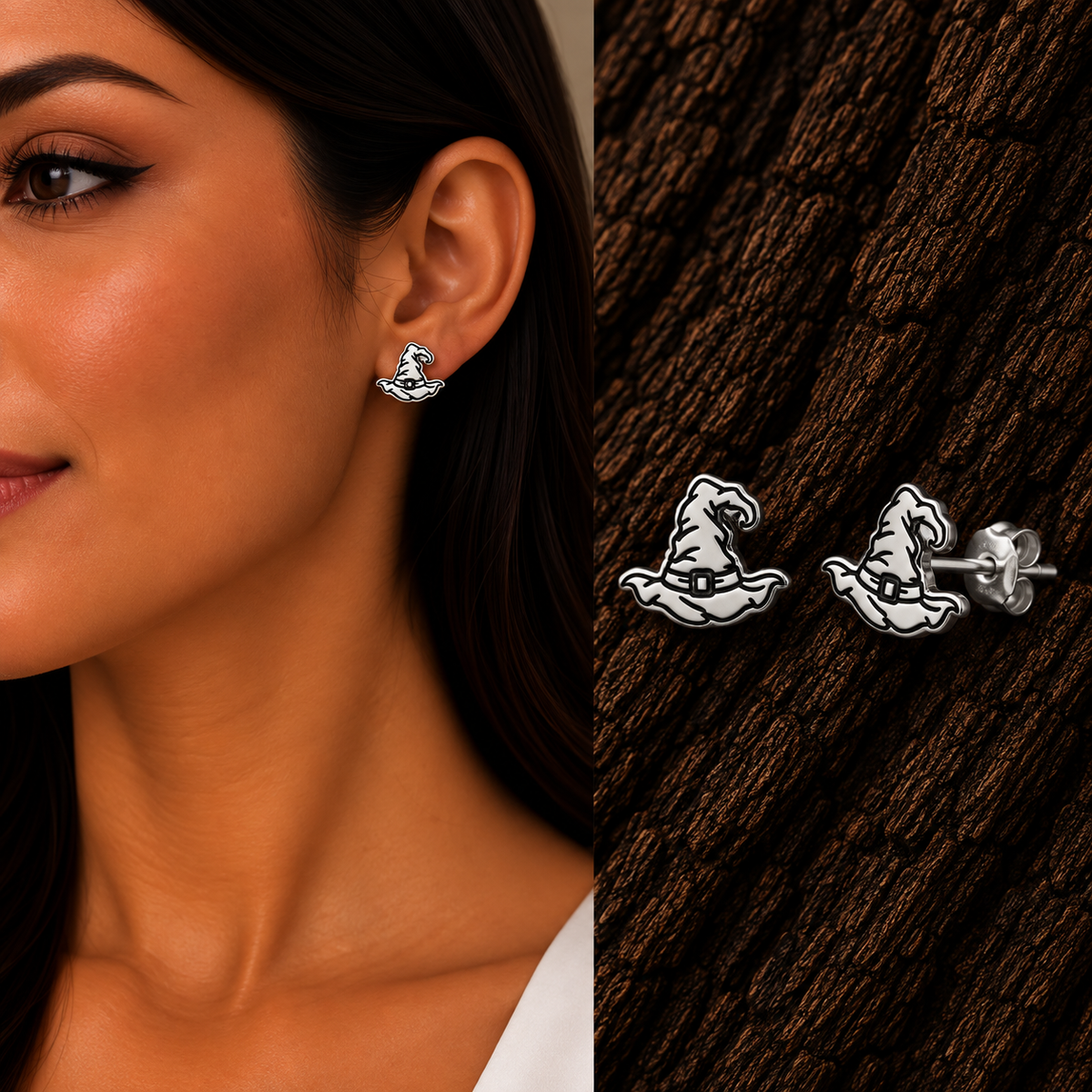 925 sterling silver witch hat earrings shown on model with detailed product views.