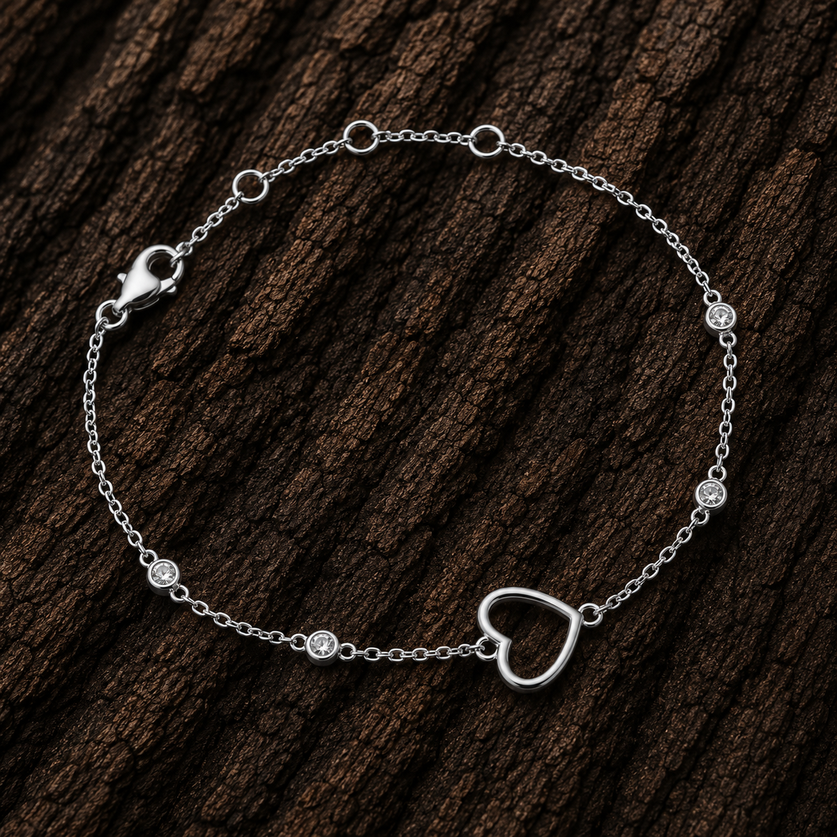 Close-up of 925 Sterling Silver Open Heart Cubic Zirconia Bracelet