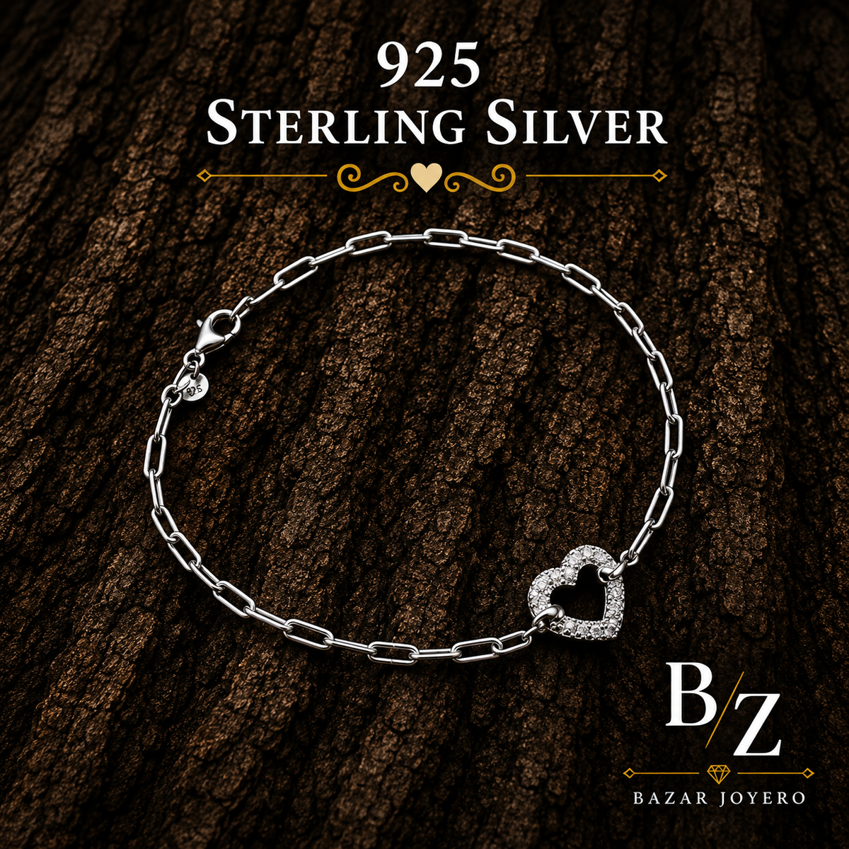 925 Sterling Silver Open Heart Link Chain Bracelet with Cubic Zirconia