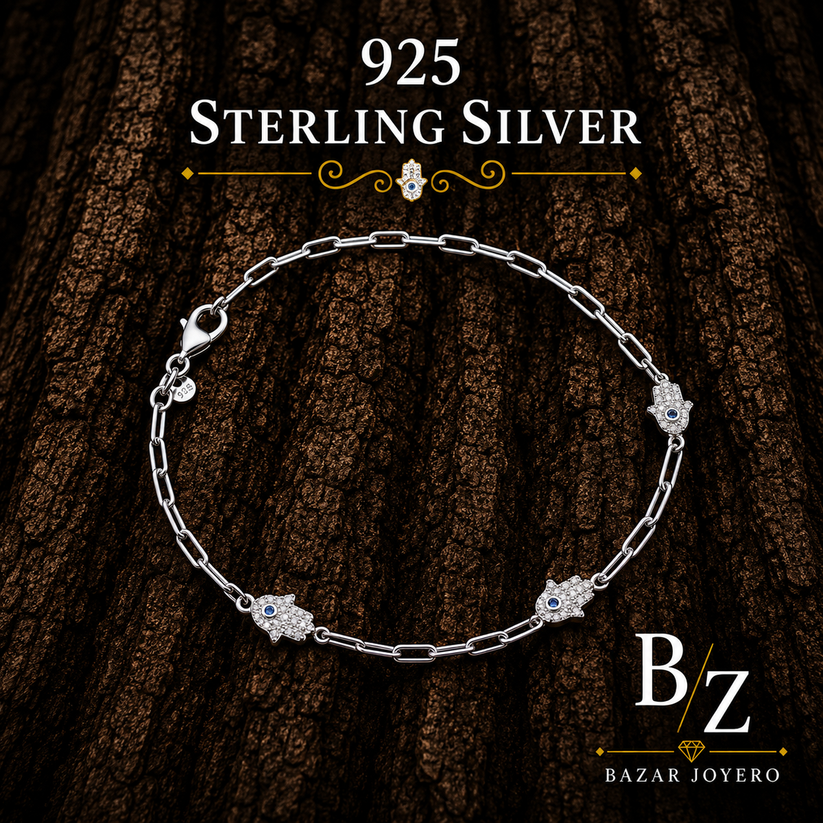 925 Sterling Silver Hamsa Hand Bracelet with Blue Evil Eye Cubic Zirconia