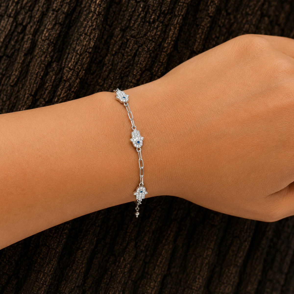 925 Sterling Silver Hamsa Hand Bracelet worn on wrist