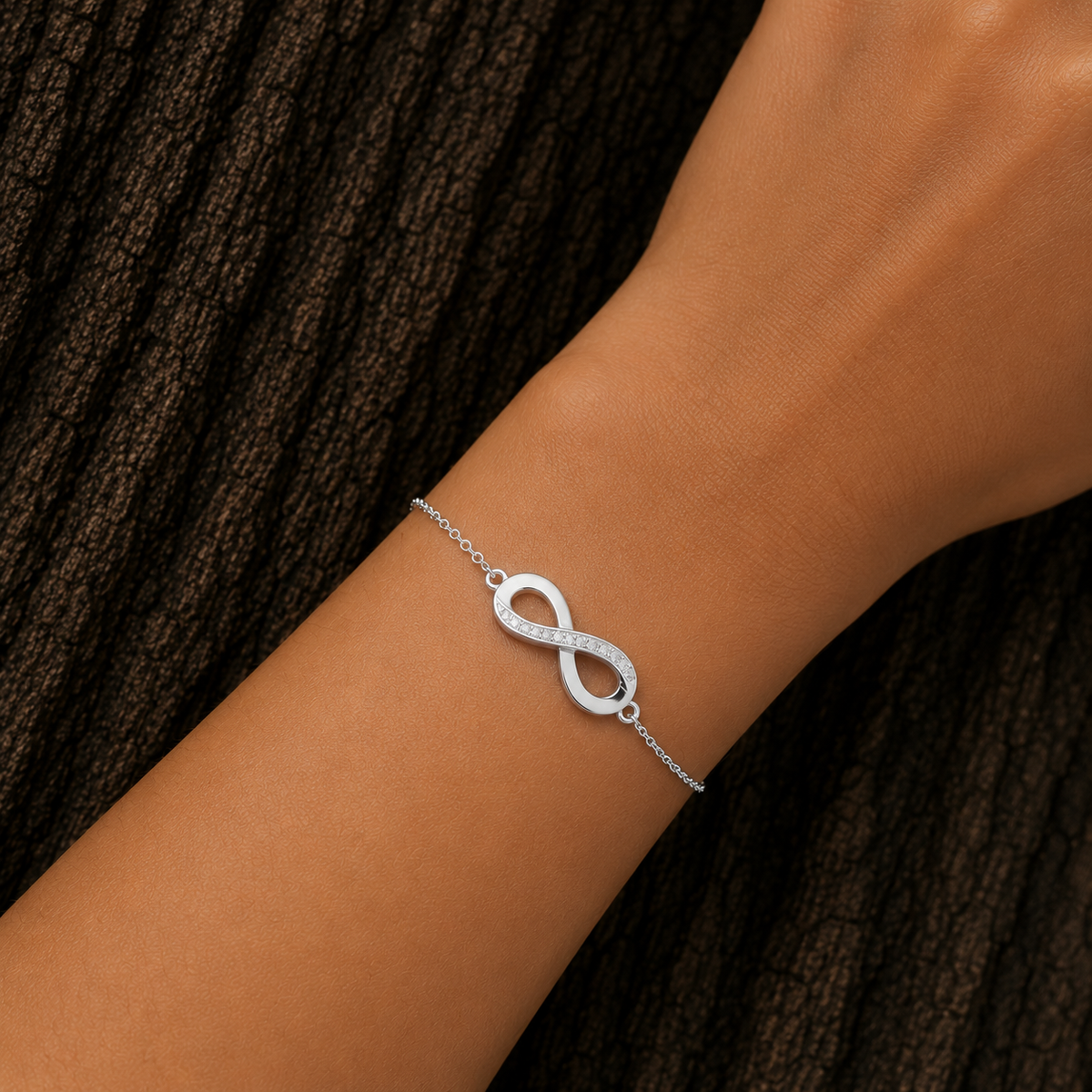 925 Sterling Silver Infinity Bracelet worn on wrist