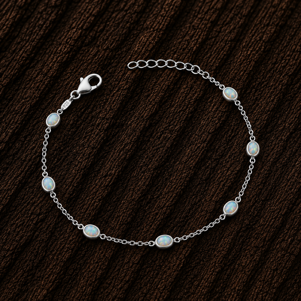 Close-up of 925 Sterling Silver Lab Opal Bracelet