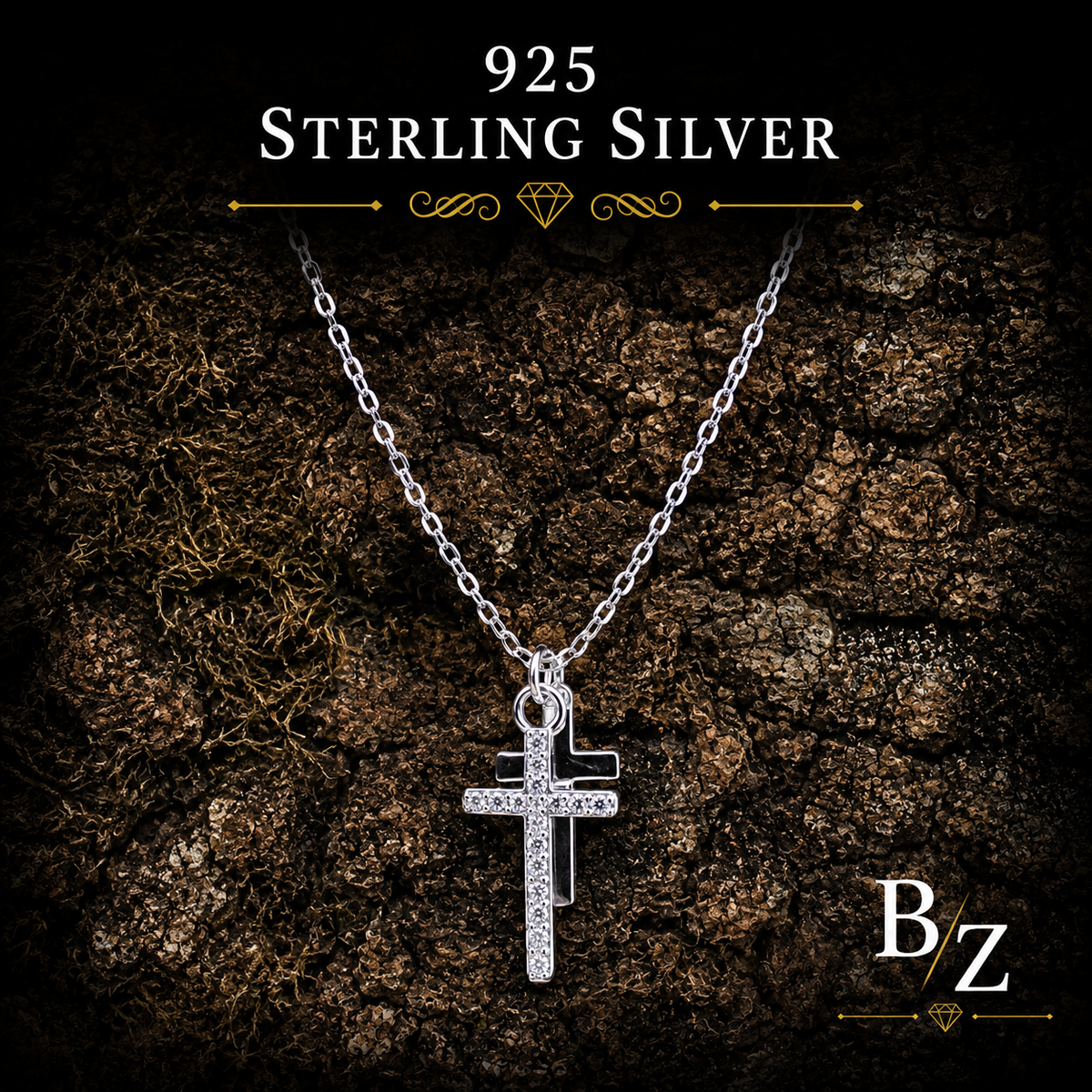 925 Sterling Silver Double Cross Necklace with Cubic Zirconia Pendant