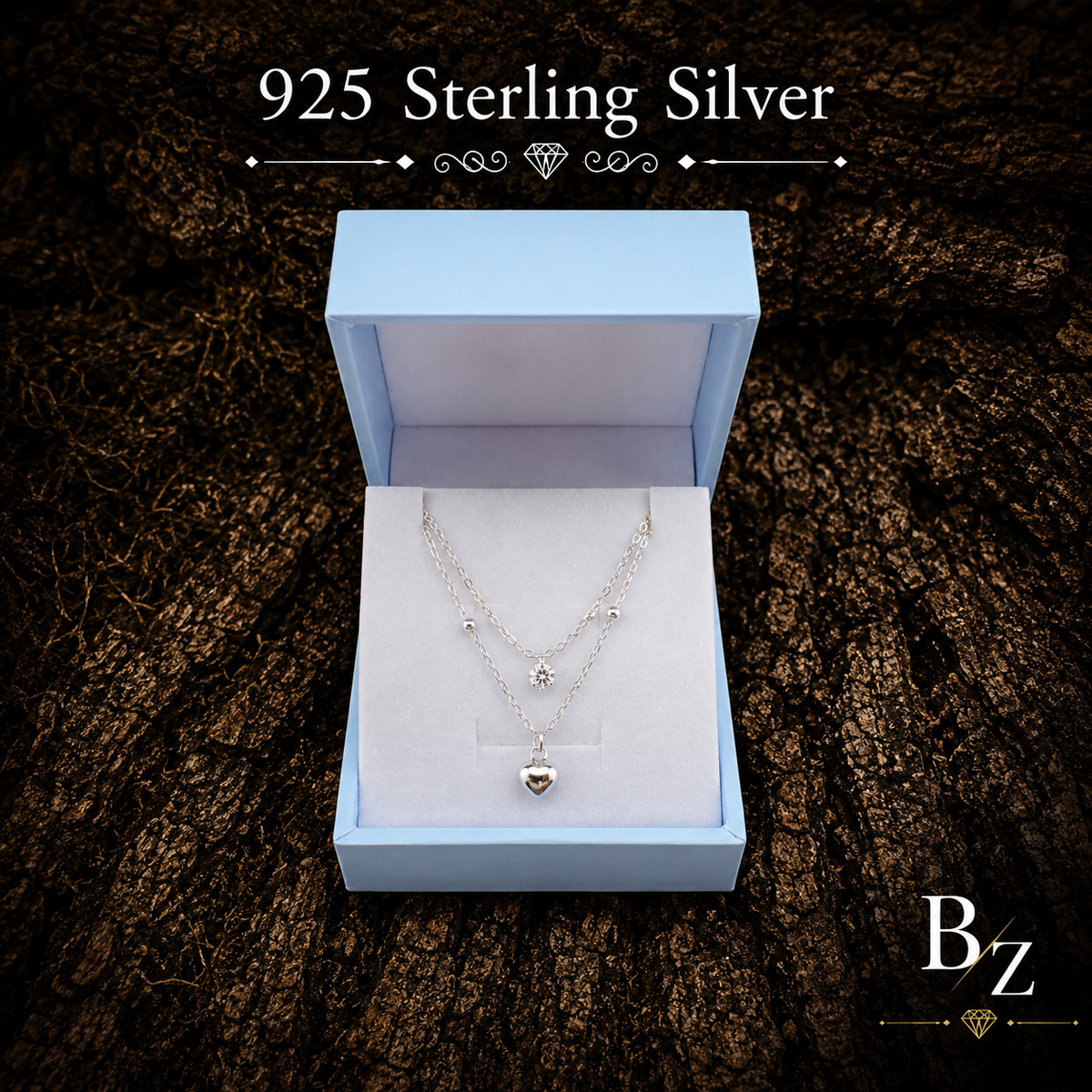 925 Sterling Silver Double Layer Heart Necklace presented in FREE Gift Box