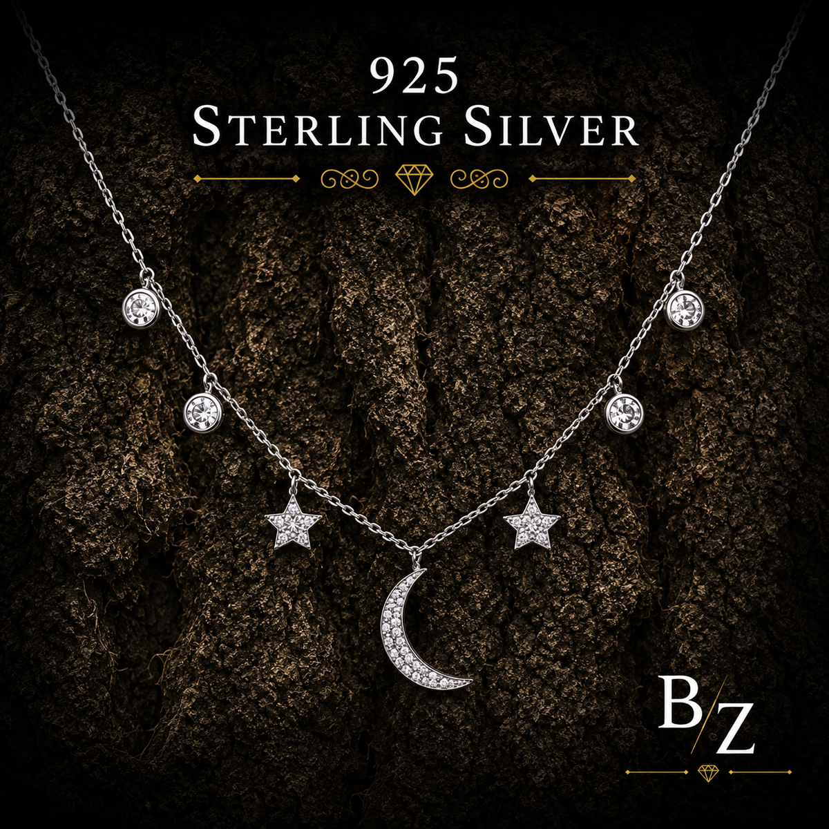 925 Sterling Silver Moon & Stars Necklace with Cubic Zirconia