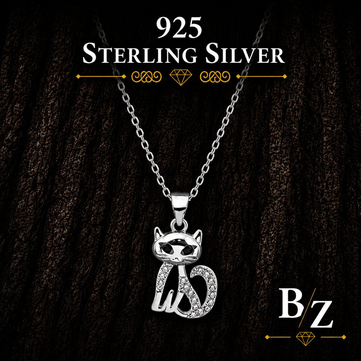 925 Sterling Silver Cat Necklace with Black Enamel and Cubic Zirconia