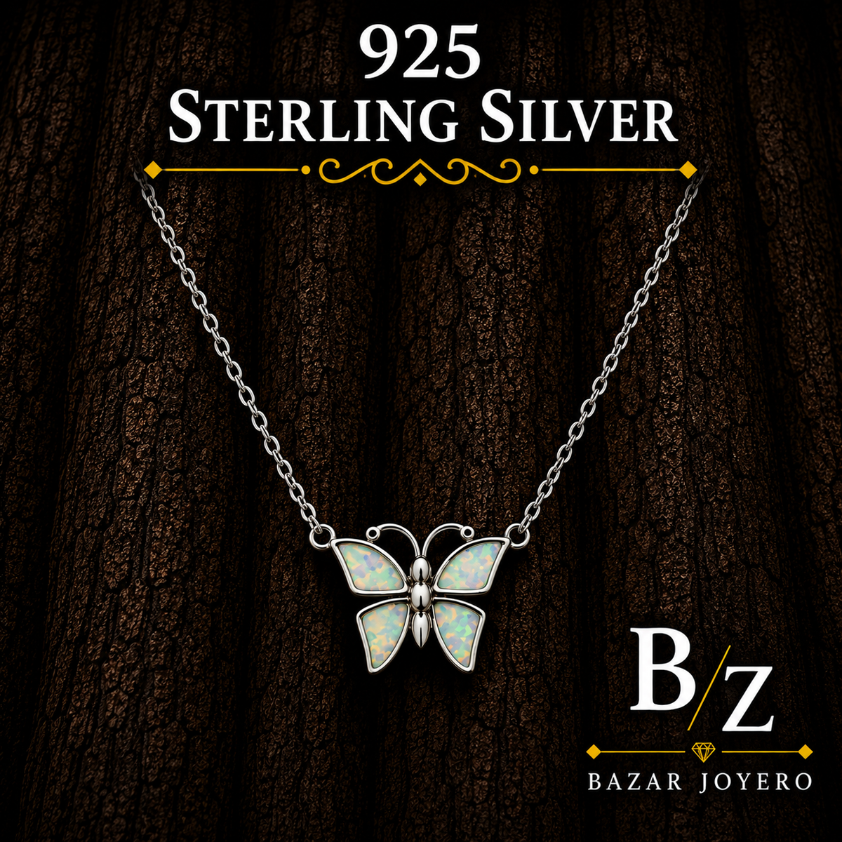 925 Sterling Silver White Lab Opal Butterfly Necklace on dark wood background