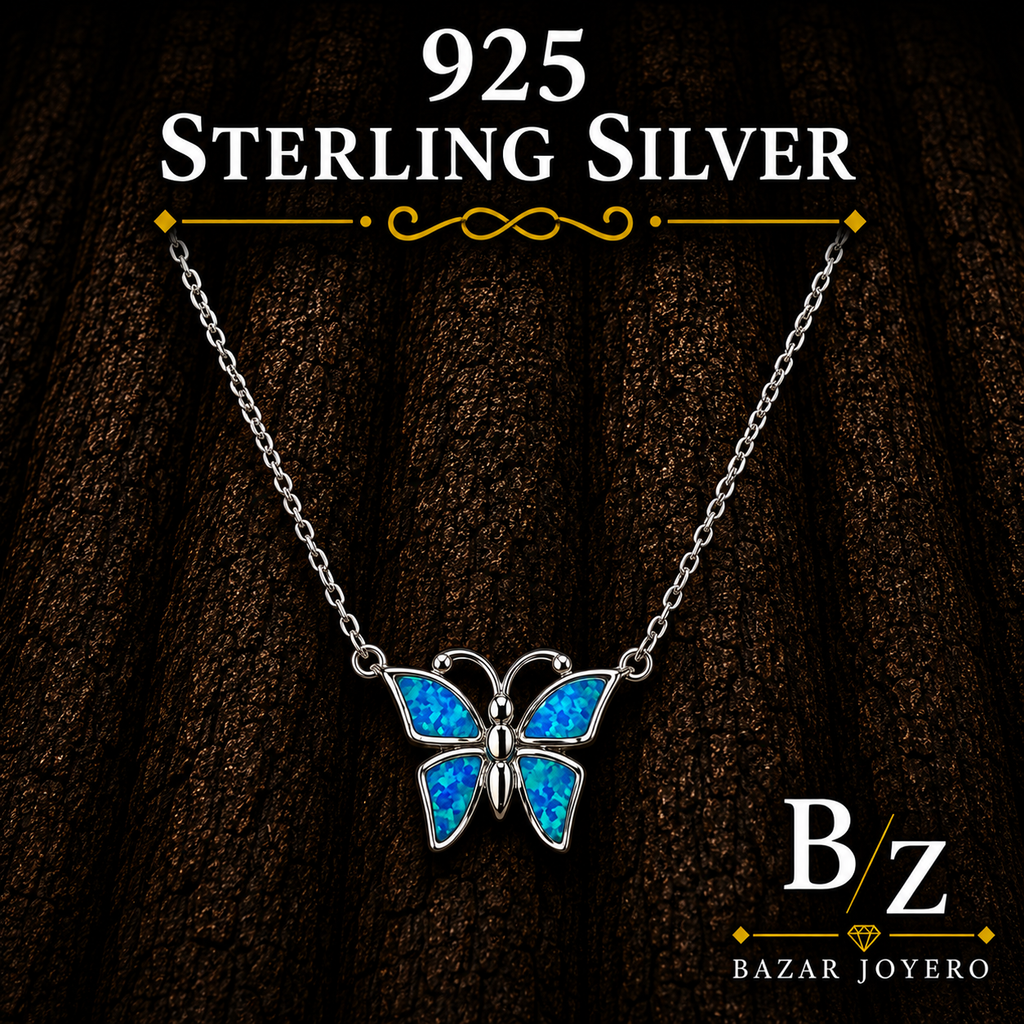 925 Sterling Silver Blue Lab Opal Butterfly Necklace