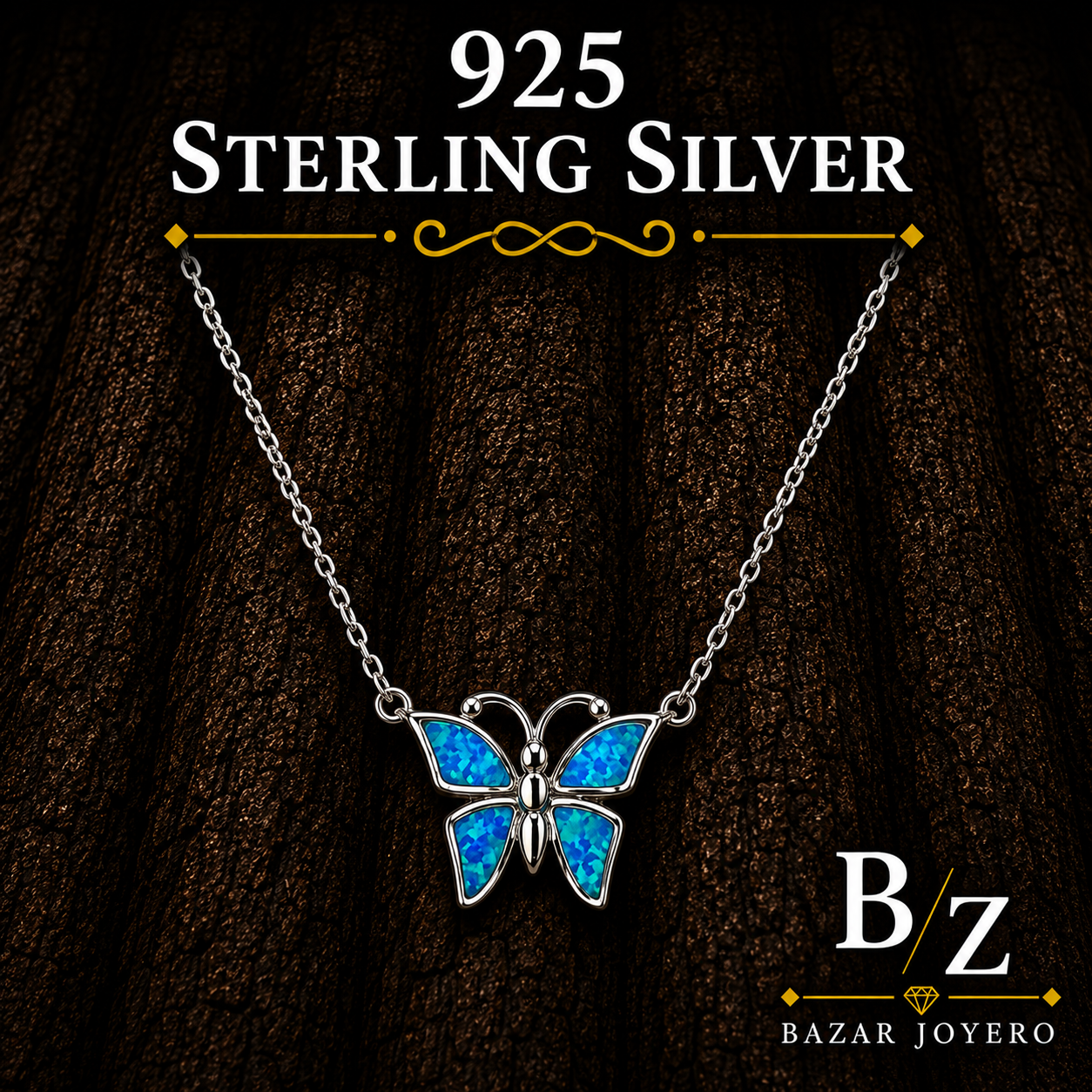 925 Sterling Silver Blue Lab Opal Butterfly Necklace