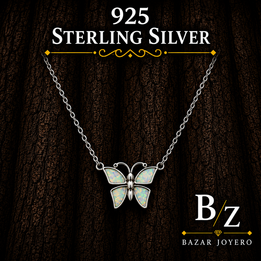 925 Sterling Silver White Lab Opal Butterfly Necklace on dark wood background