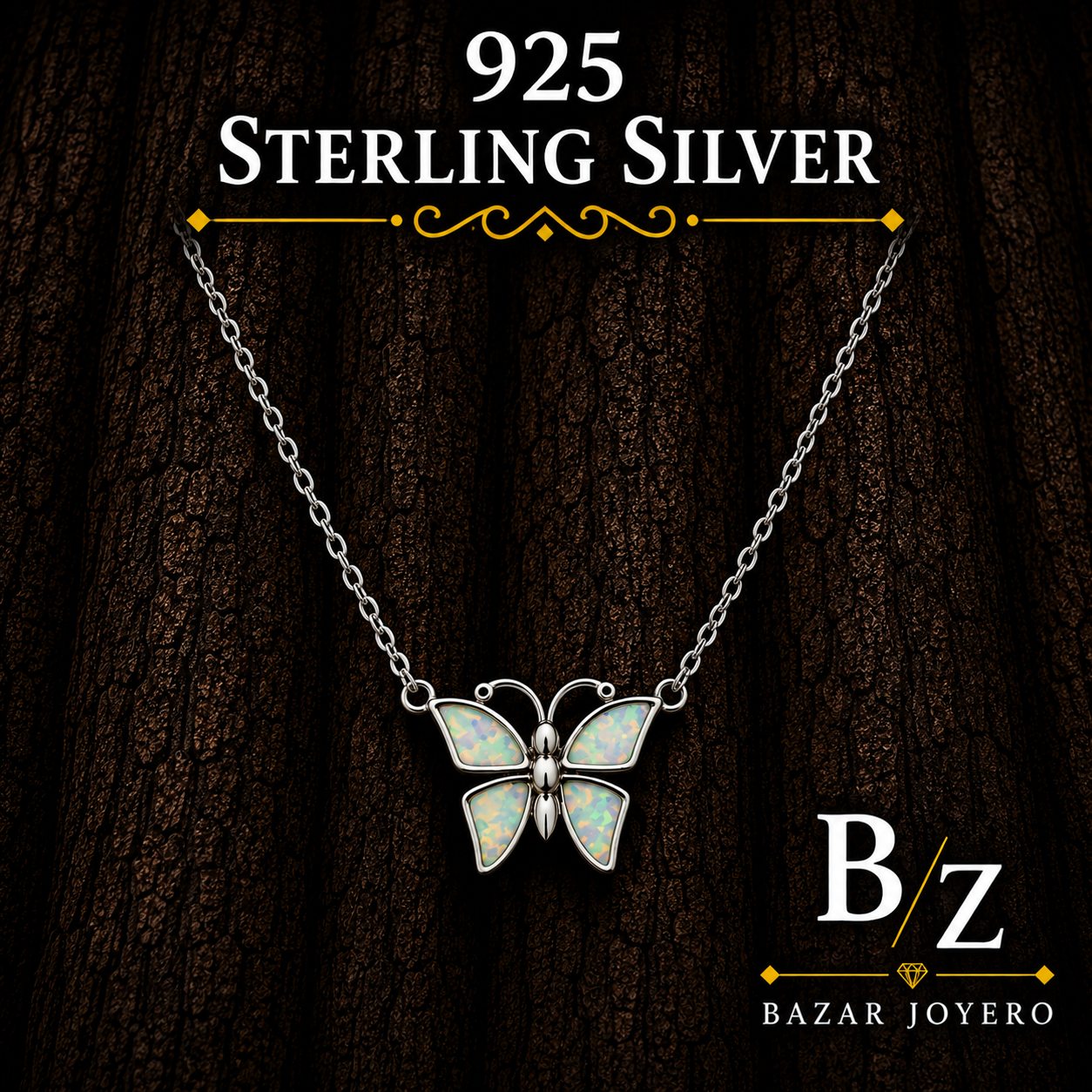 925 Sterling Silver White Lab Opal Butterfly Necklace on dark wood background