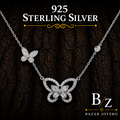 925 Sterling Silver Double Butterfly Necklace with Clear Cubic Zirconia