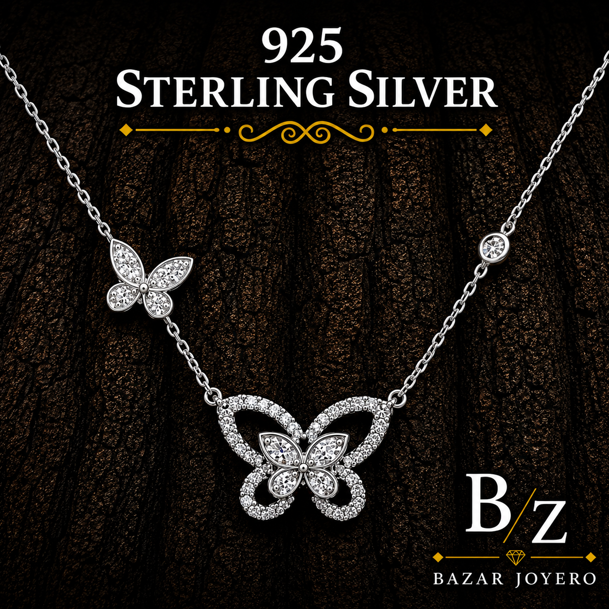 925 Sterling Silver Double Butterfly Necklace with Clear Cubic Zirconia