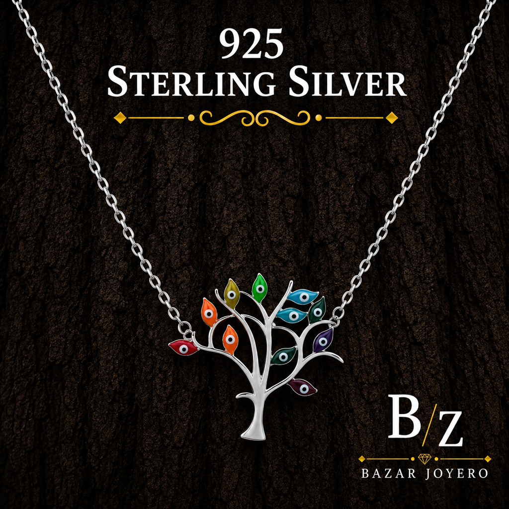 925 Sterling Silver Multicolor Evil Eye Tree Necklace