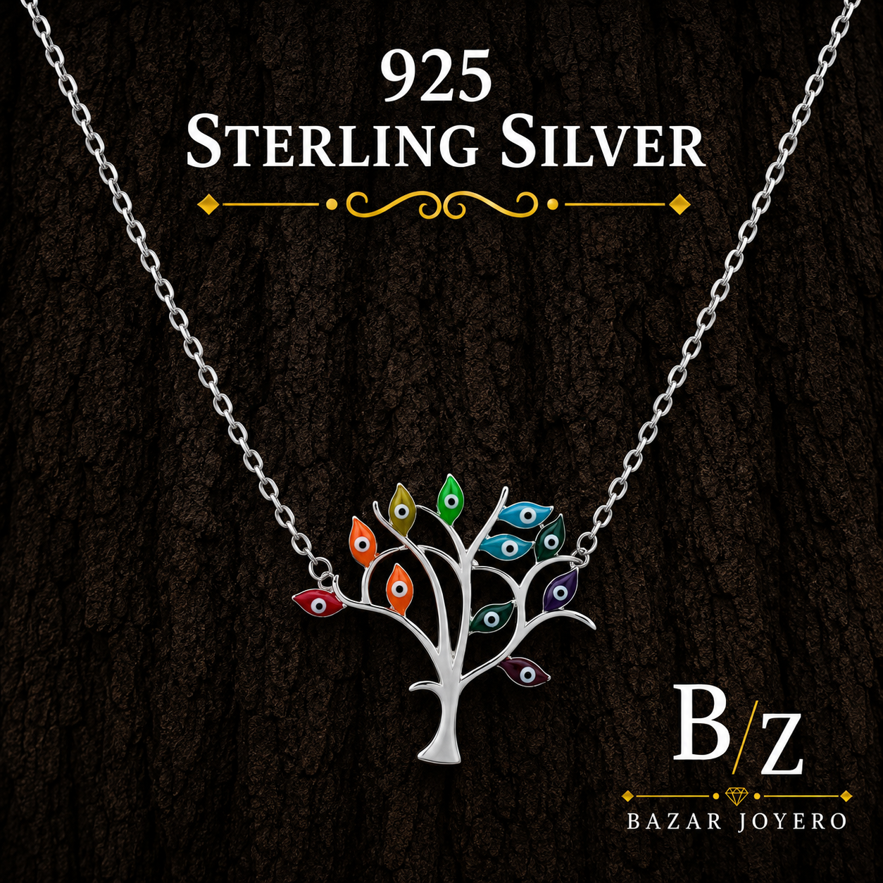 925 Sterling Silver Multicolor Evil Eye Tree Necklace