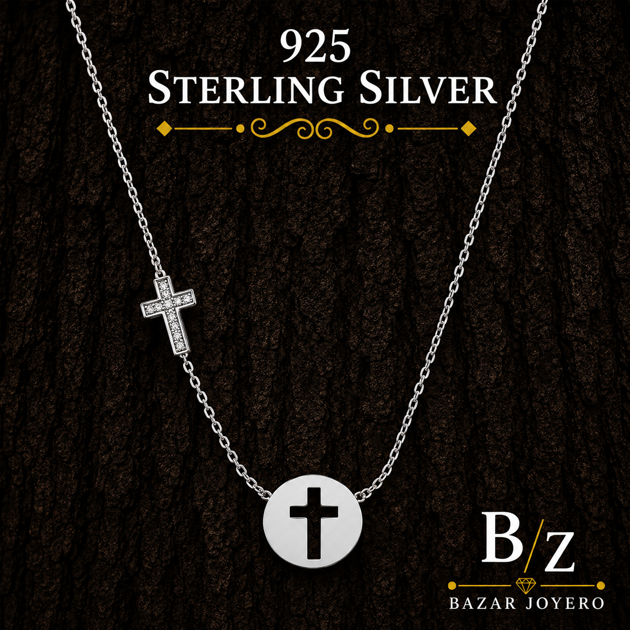 925 Sterling Silver Cross Disc Necklace with CZ Accent