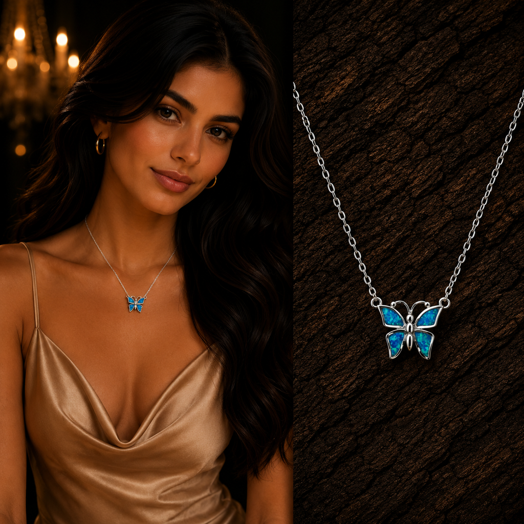 925 Sterling Silver Blue Lab Opal Butterfly Necklace on Model