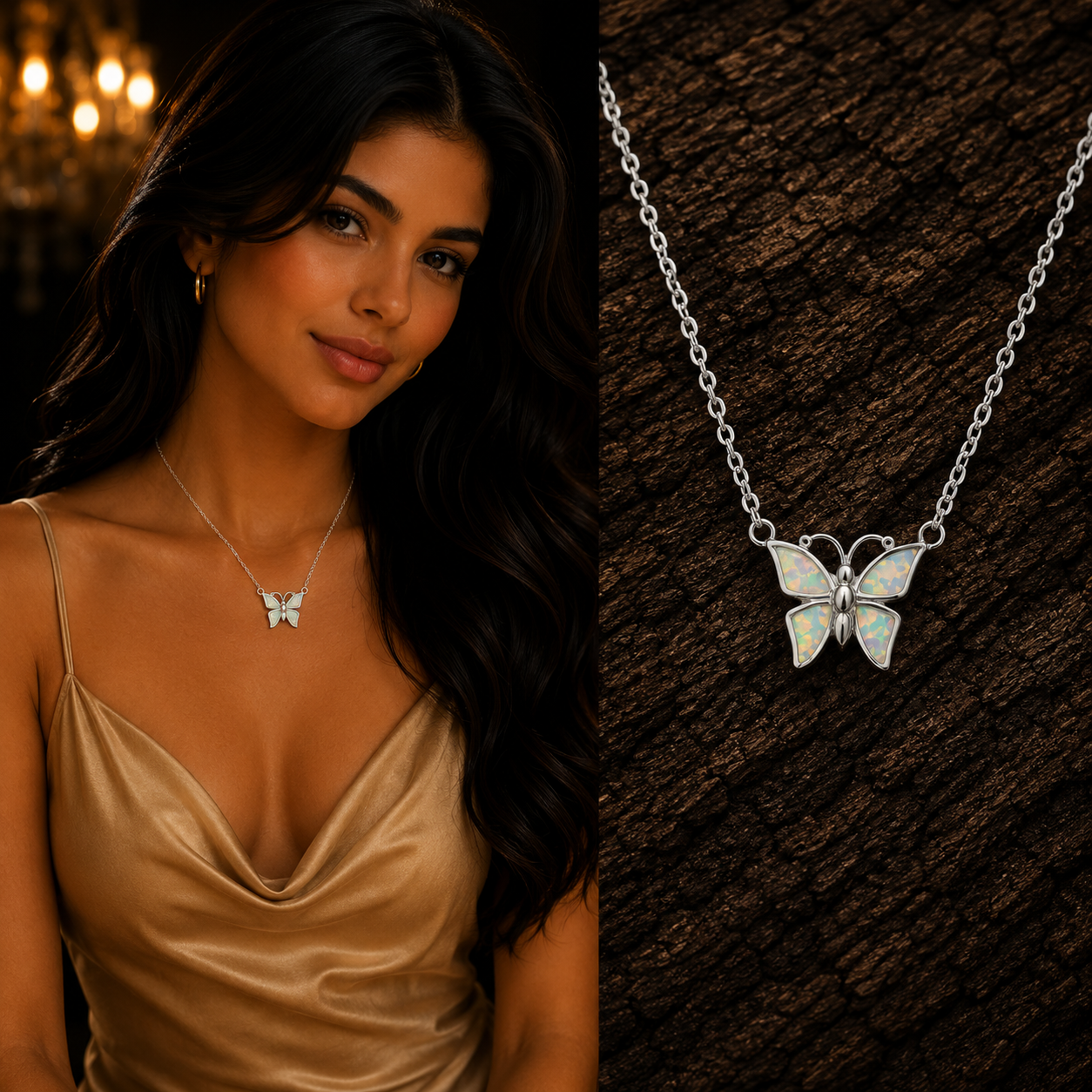 Woman wearing 925 Sterling Silver White Lab Opal Butterfly Necklace