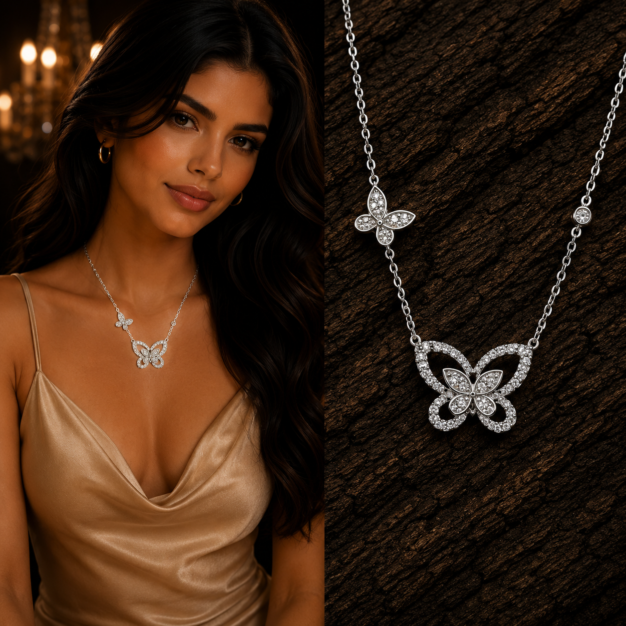 Woman wearing 925 Sterling Silver Double Butterfly CZ Necklace