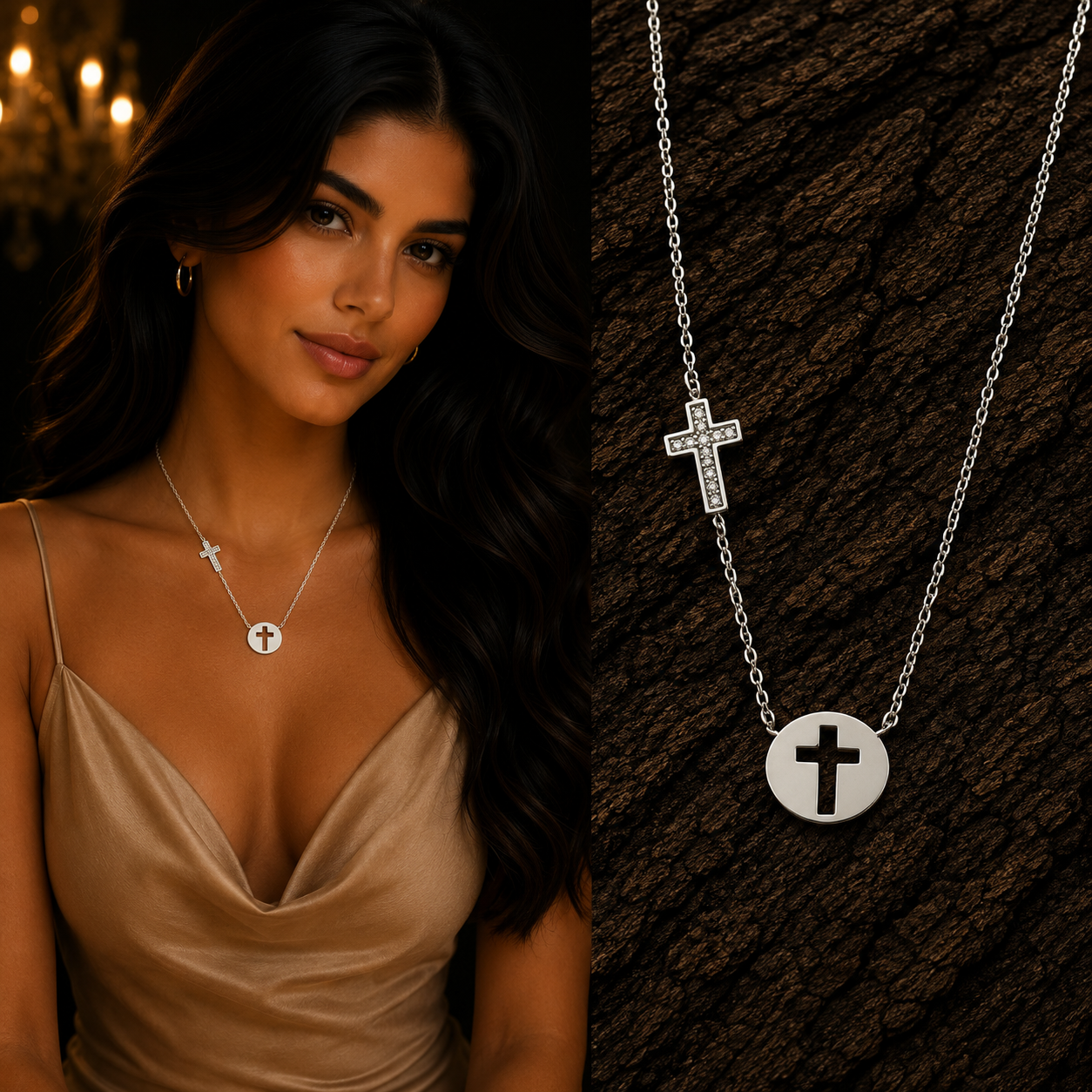 Woman wearing 925 Sterling Silver Cross Disc Necklace