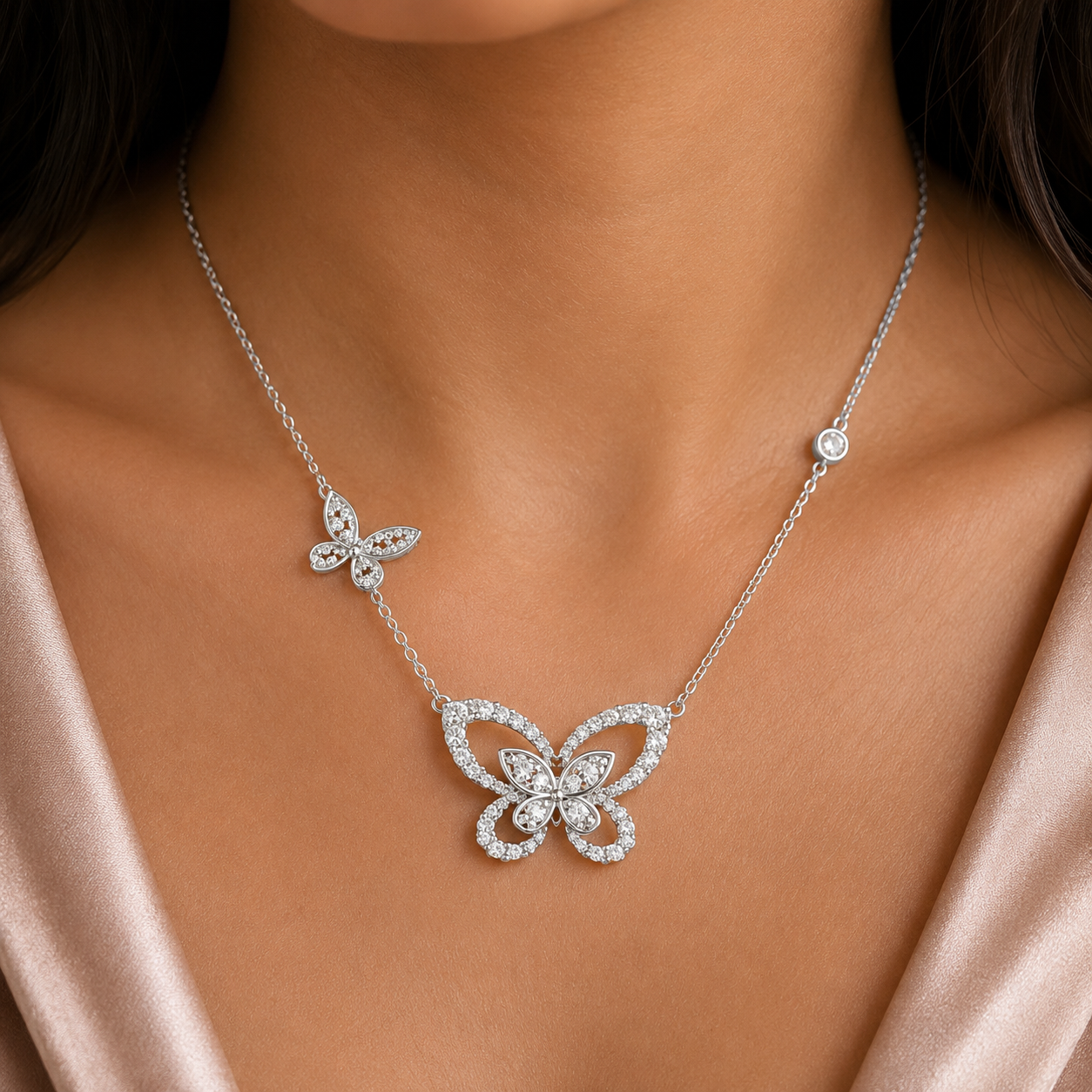 Close-up of 925 Sterling Silver Double Butterfly Necklace with Clear CZ worn on neck