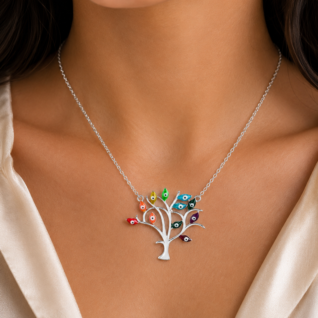 Close-up of 925 Sterling Silver Multicolor Evil Eye Tree Necklace worn on neck