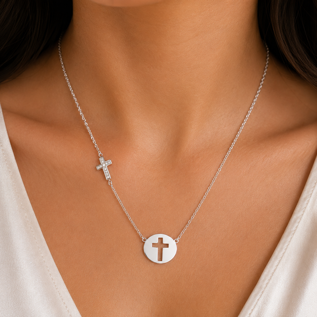 Close-up of 925 Sterling Silver Cross Disc Necklace worn on neck