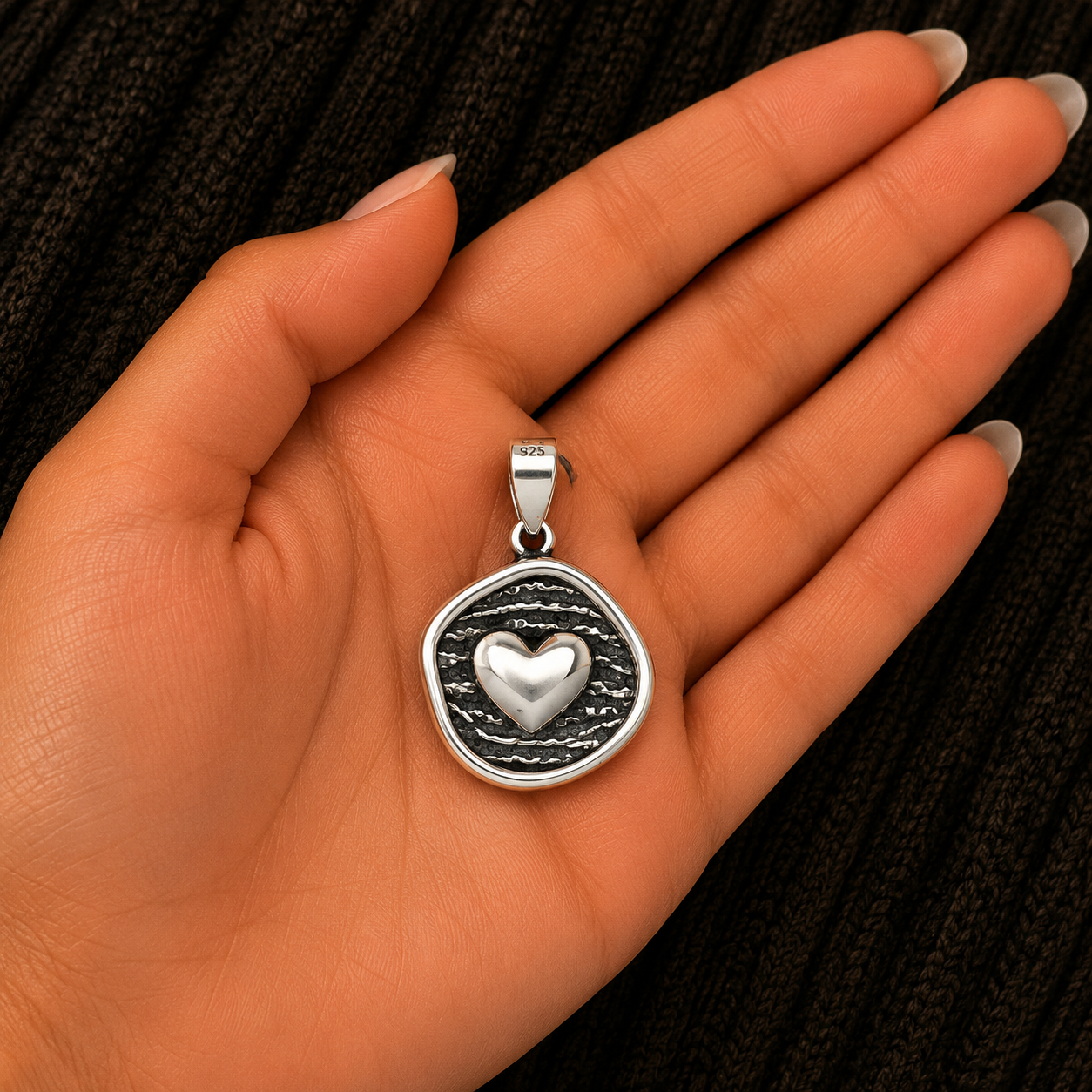925 Sterling Silver Heart Medallion Pendant shown in hand for size reference