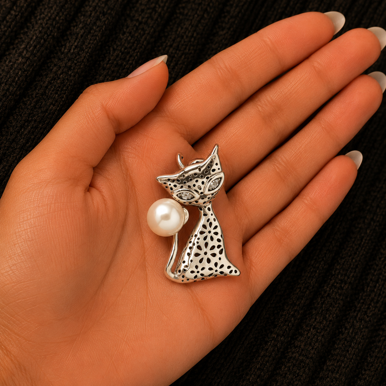 925 Sterling Silver Cat Pendant with Pearl shown in hand for size reference