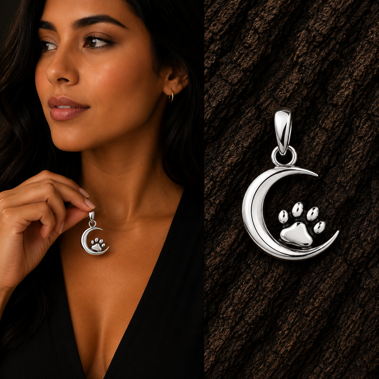 Woman holding 925 Sterling Silver Crescent Moon and Paw Print Pendant