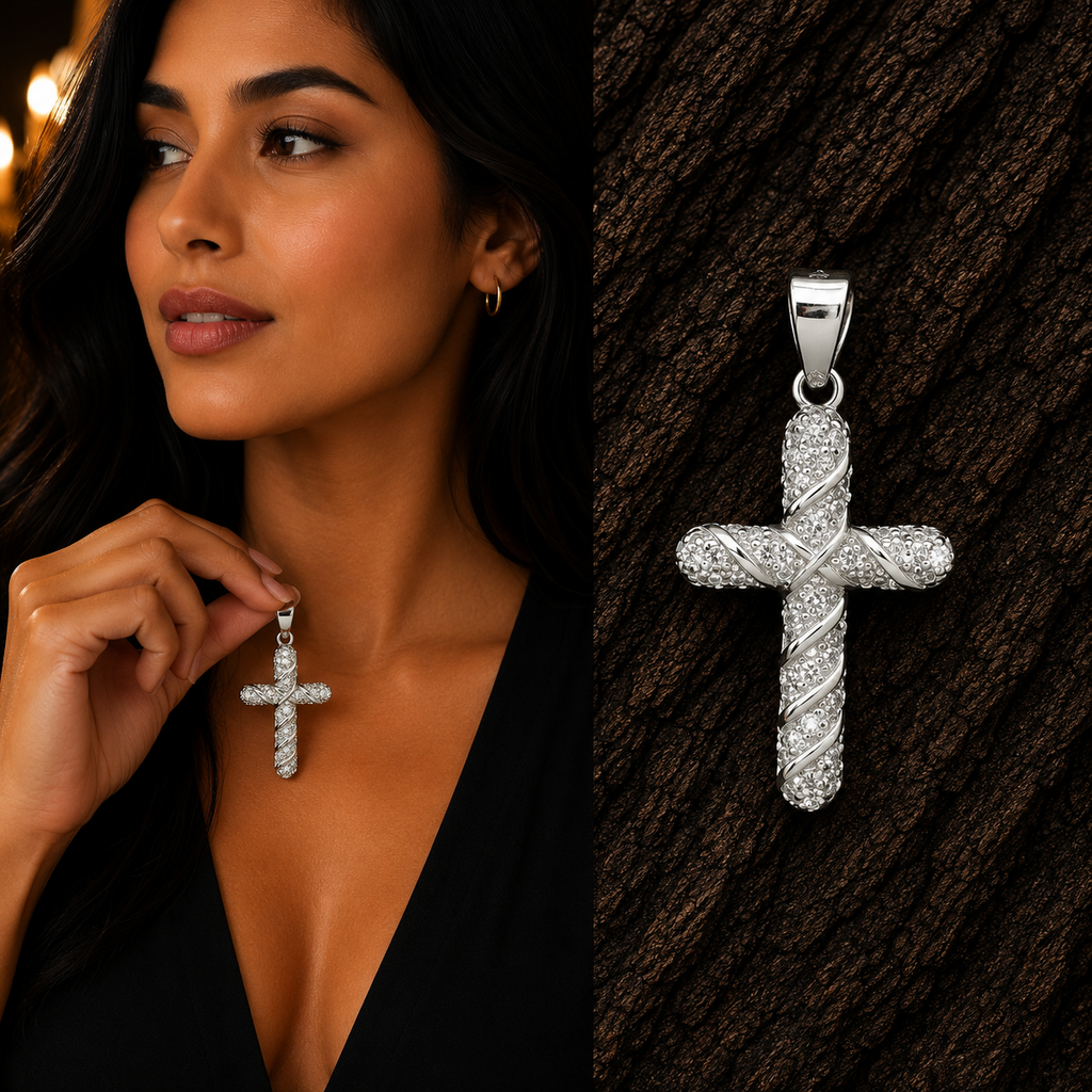 Woman holding 925 Sterling Silver White CZ Braided Cross Pendant