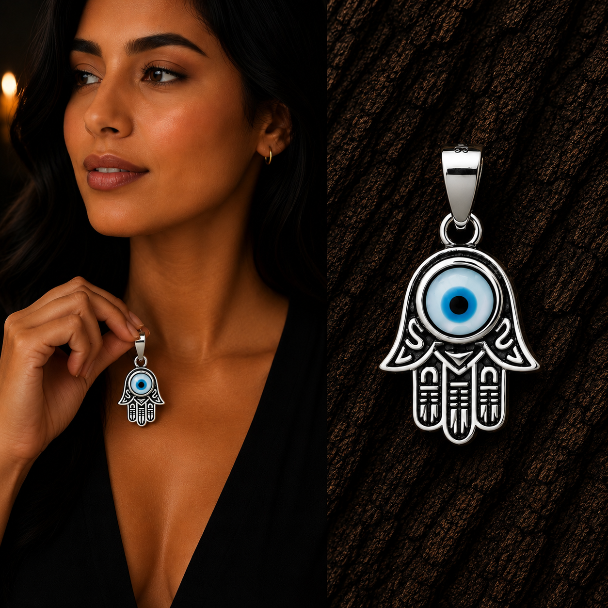 925 Sterling Silver Hamsa Hand Blue Evil Eye Pendant shown in hand for size reference