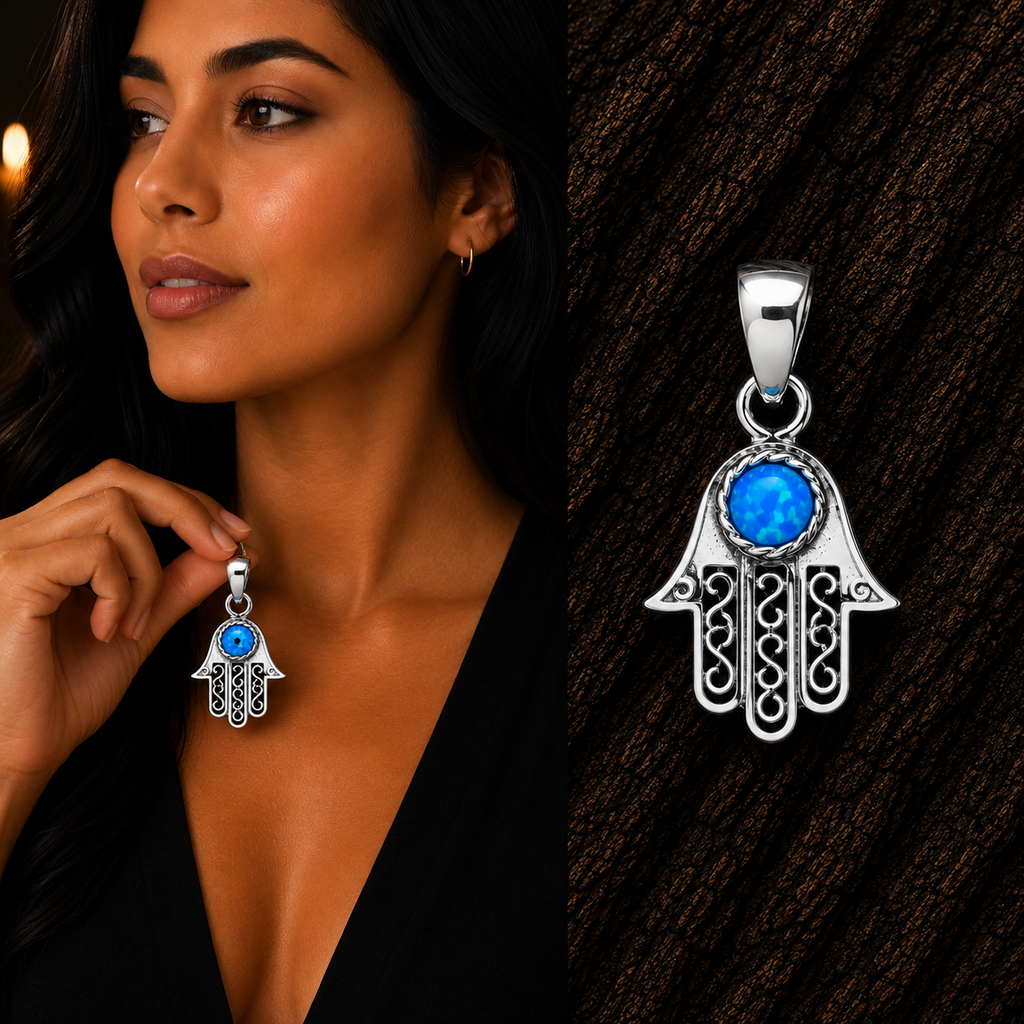 Woman holding 925 Sterling Silver Blue Lab Opal Hamsa Hand Pendant