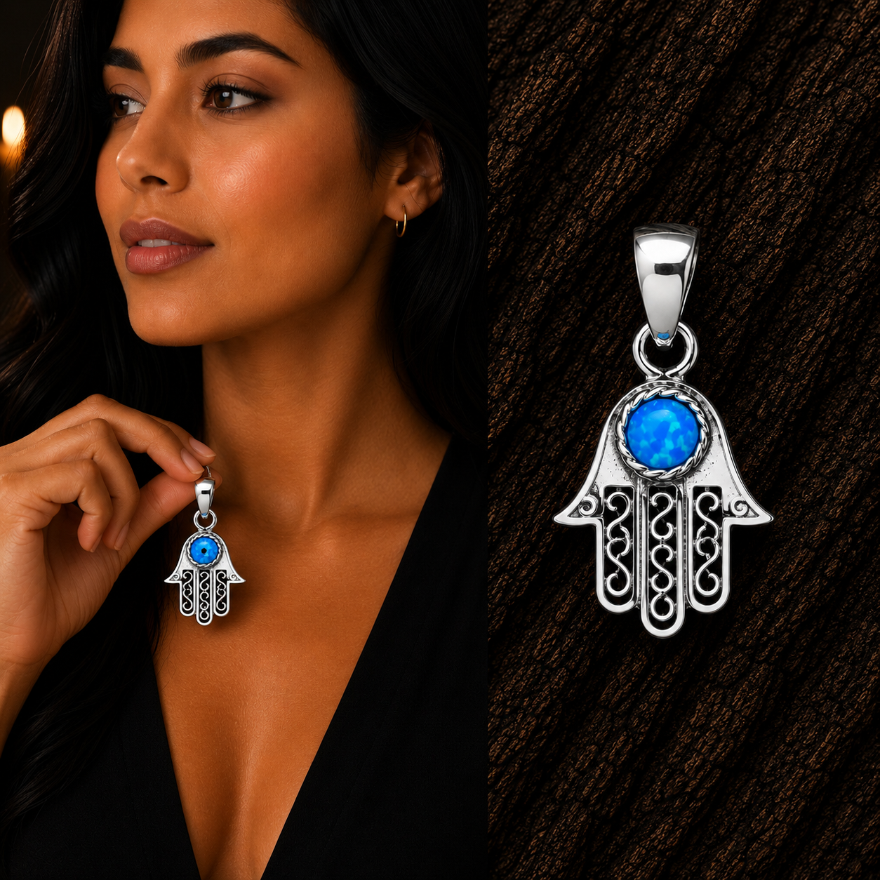 Woman holding 925 Sterling Silver Blue Lab Opal Hamsa Hand Pendant