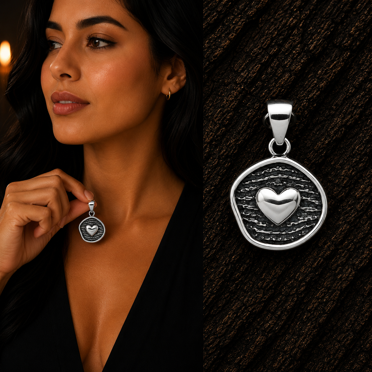 Woman holding 925 Sterling Silver Heart Medallion Pendant