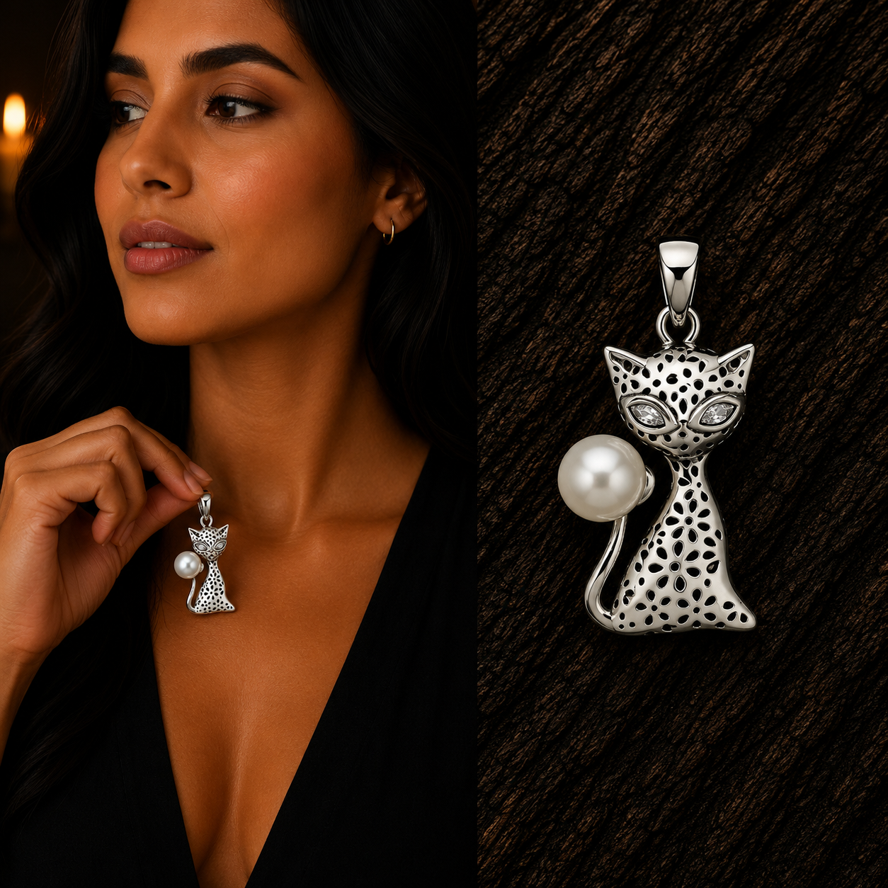Woman holding 925 Sterling Silver Cat Pendant with Pearl and CZ eyes