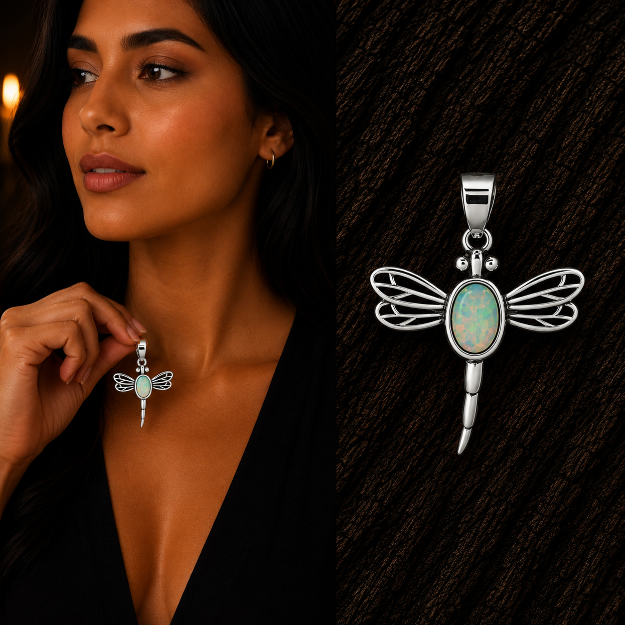 Woman holding 925 Sterling Silver Dragonfly Pendant with colorful Lab Opal