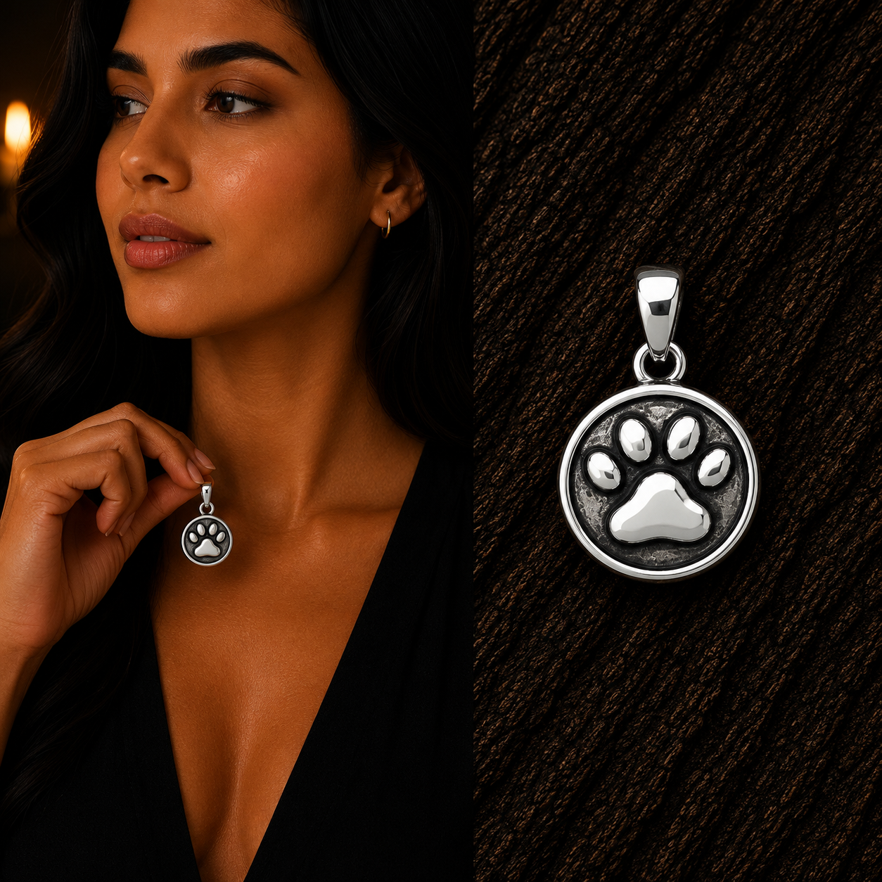 Woman holding 925 Sterling Silver Paw Print Pendant with oxidized details