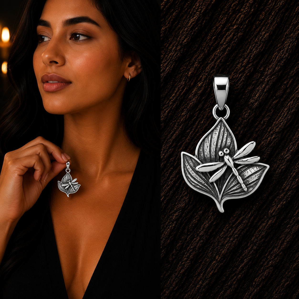 Woman holding 925 Sterling Silver Dragonfly and Leaves Pendant with oxidized details
