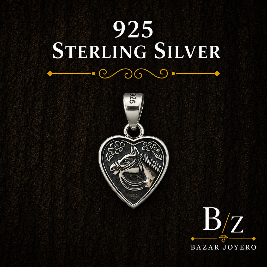 925 Sterling Silver Horse Heart Pendant with oxidized equestrian design