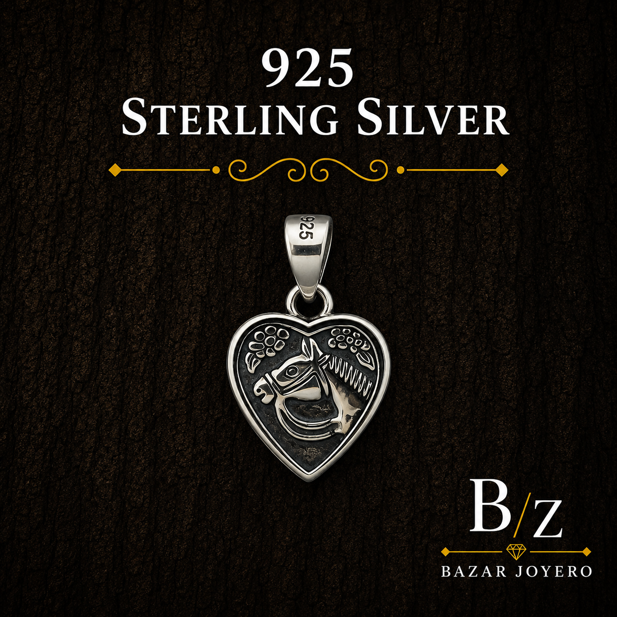 925 Sterling Silver Horse Heart Pendant with oxidized equestrian design