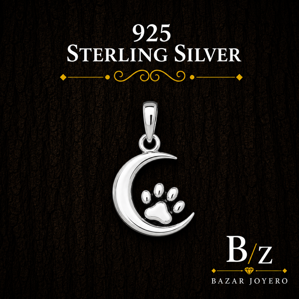 925 Sterling Silver Crescent Moon and Paw Print Pendant