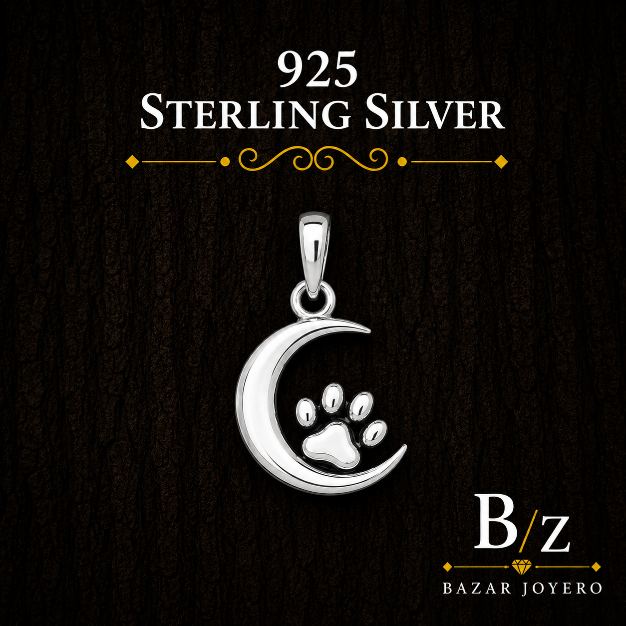 925 Sterling Silver Crescent Moon and Paw Print Pendant